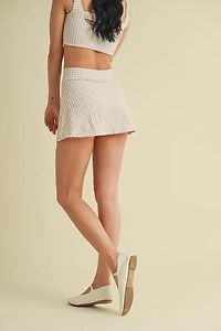 Beige Gingham Print Side Slit A-line Skort