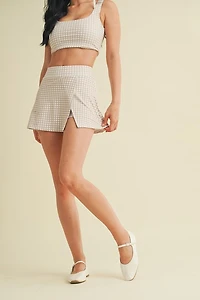 Beige Gingham Print Side Slit A-line Skort