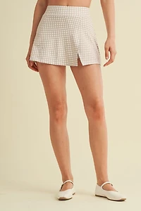 Beige Gingham Print Side Slit A-line Skort