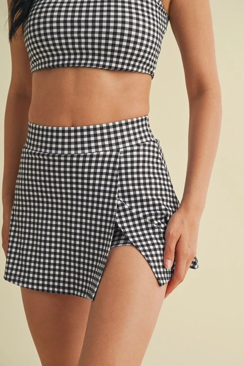 Gingham Print Side Slit A-line Skort