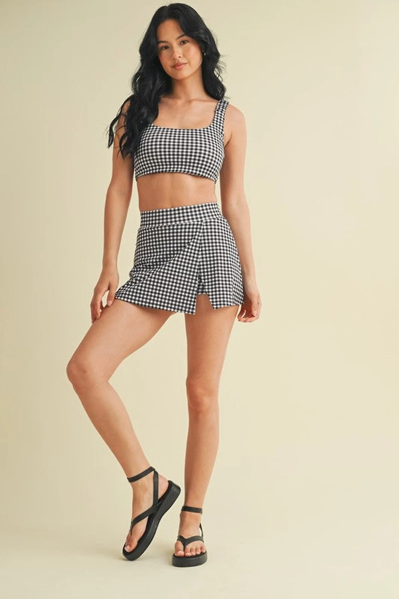 Gingham Print Side Slit A-line Skort