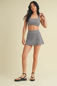 Gingham Print Side Slit A-line Skort