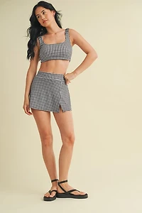 Gingham Print Side Slit A-line Skort