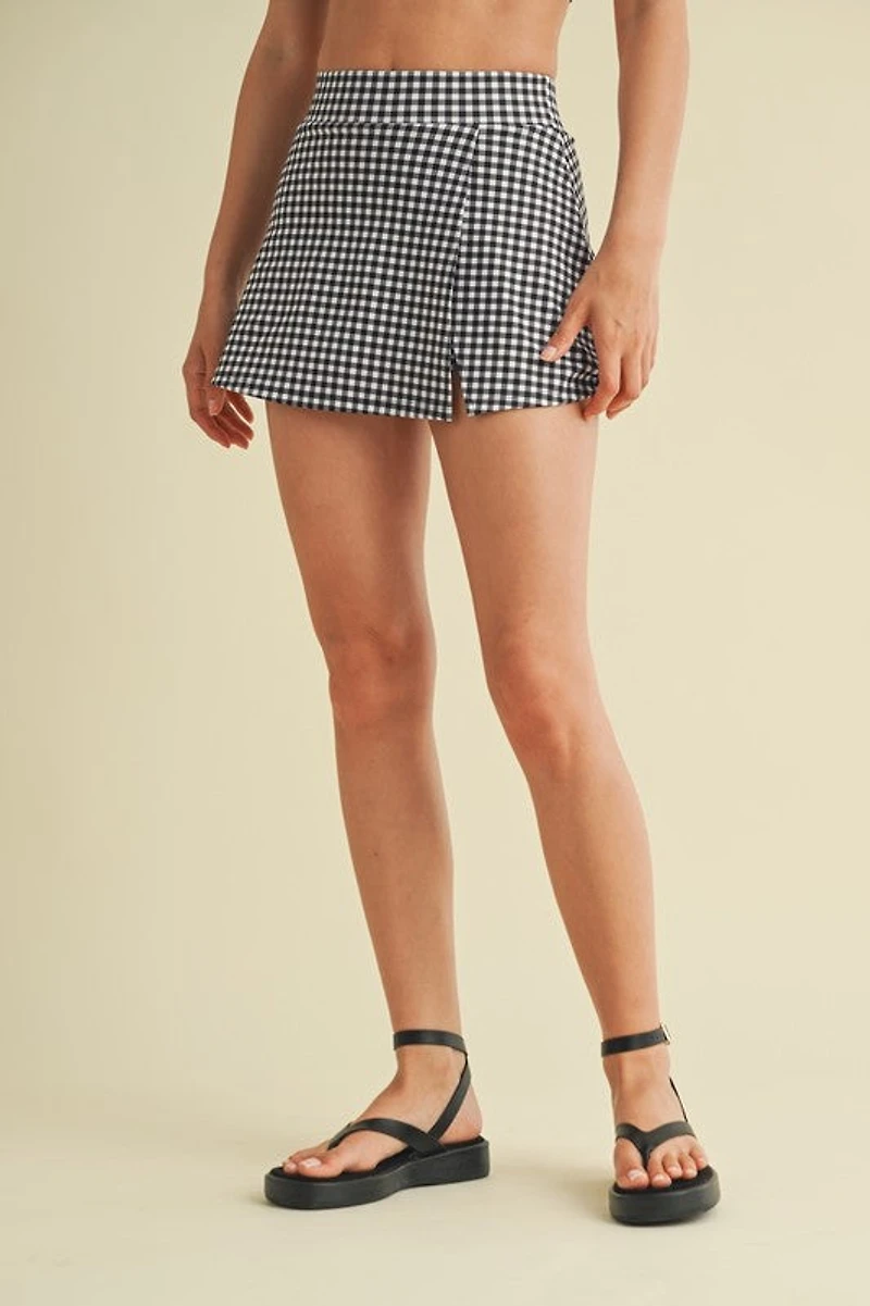 Gingham Print Side Slit A-line Skort