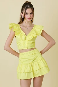Yellow Ruffle Detail Crop Top & Skirt Matching Set