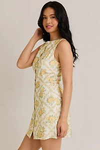 Yellow Floral High Neck Button Down Mini Dress