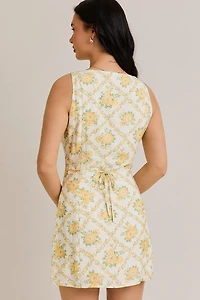Yellow Floral High Neck Button Down Mini Dress