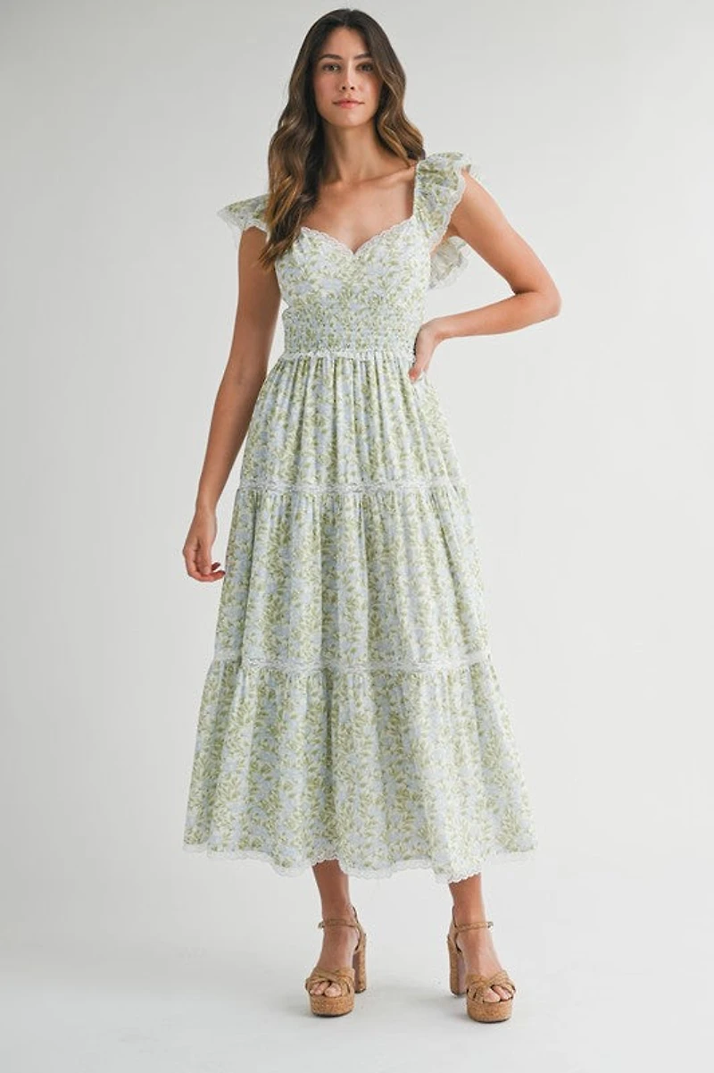 Multi Floral Ruffle Sleeve Maxi Dress