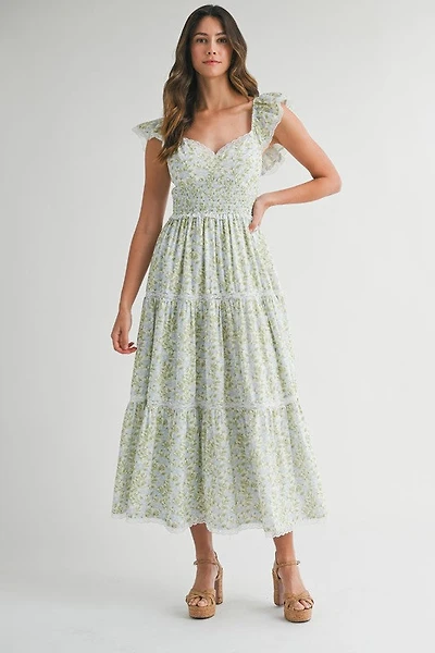 Multi Floral Ruffle Sleeve Maxi Dress