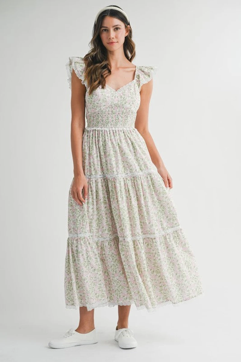 Pink Multi Floral Ruffle Sleeve Maxi Dress