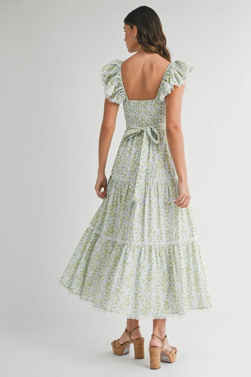 Multi Floral Ruffle Sleeve Maxi Dress