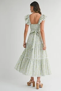 Multi Floral Ruffle Sleeve Maxi Dress