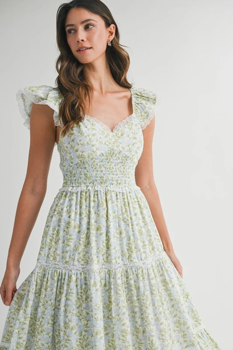 Multi Floral Ruffle Sleeve Maxi Dress