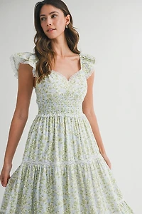Multi Floral Ruffle Sleeve Maxi Dress