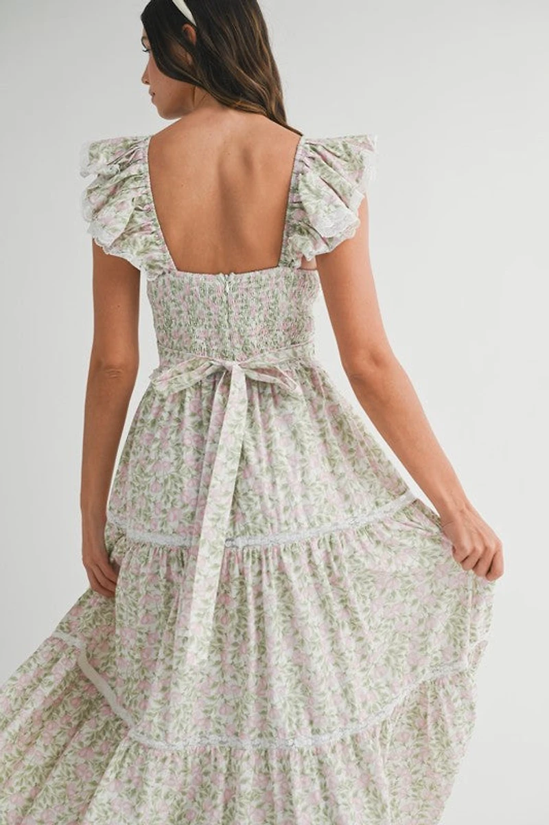 Pink Multi Floral Ruffle Sleeve Maxi Dress