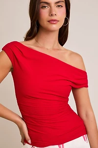 Red Off Shoulder Rib Knit Top