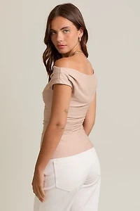 Taupe Off Shoulder Rib Knit Top