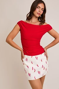 Red Off Shoulder Rib Knit Top