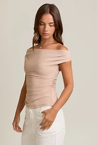 Taupe Off Shoulder Rib Knit Top