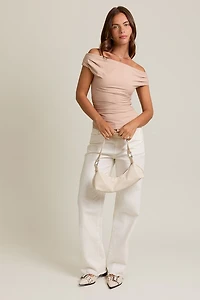 Taupe Off Shoulder Rib Knit Top