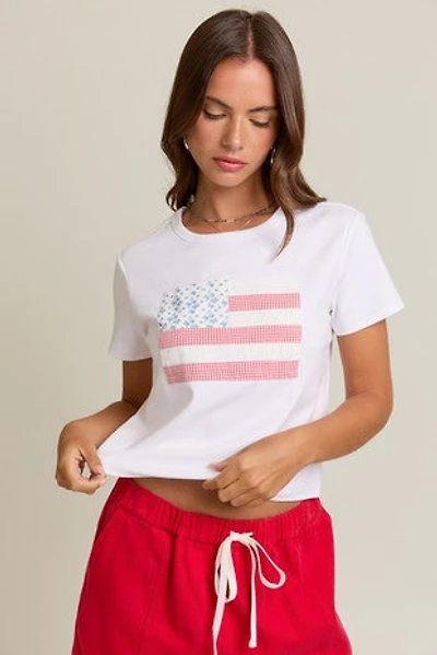 White USA Flag Detail Short Sleeve T-Shirt