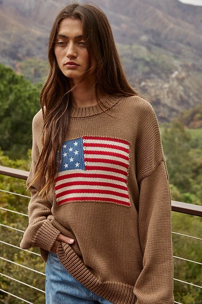 Brown American Flag Crewneck Sweater