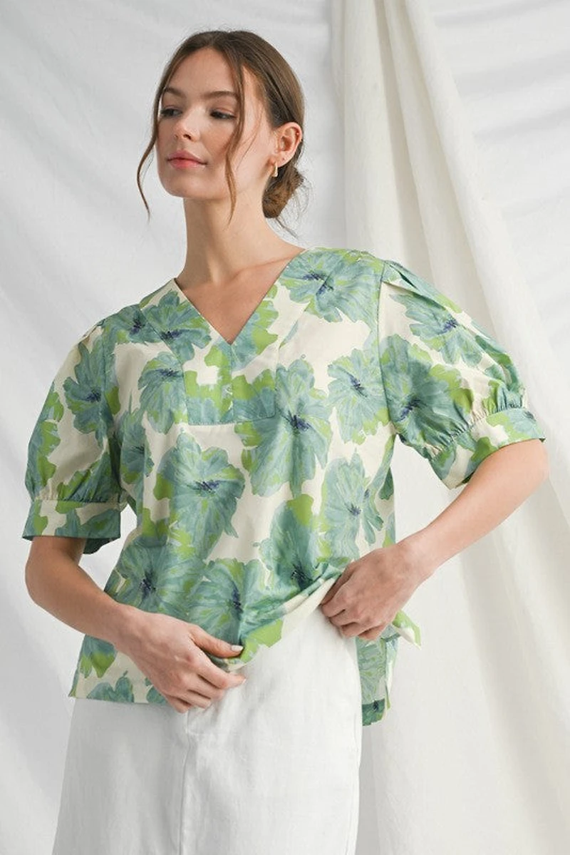 Flower Print Puffed Sleeve Top