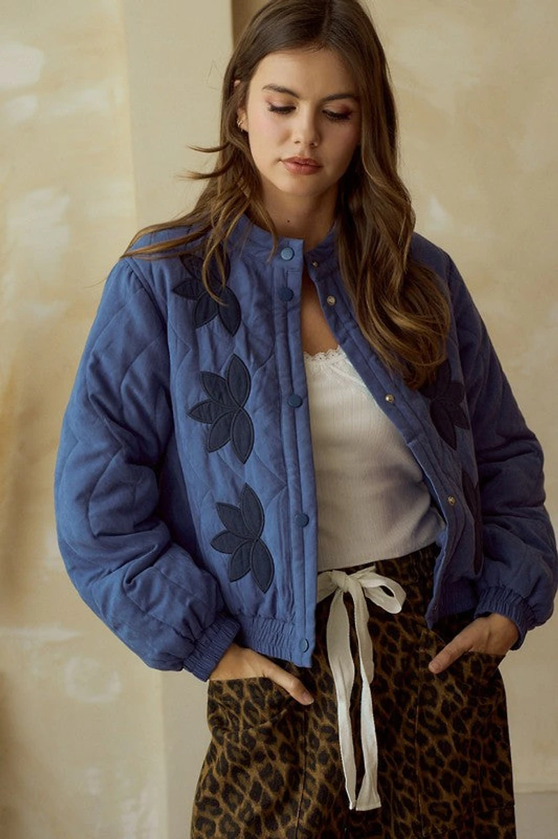 Blue Vintage Embroidered Leaf Jacket