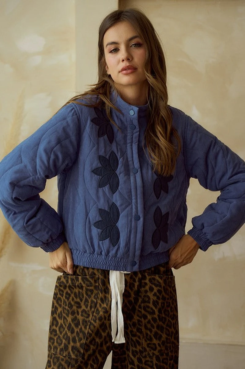 Blue Vintage Embroidered Leaf Jacket