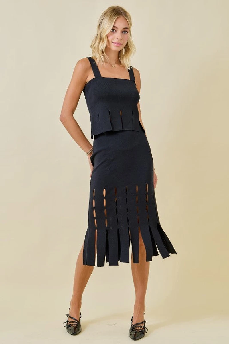 Sweater Midi Skirt With Fringe Hem