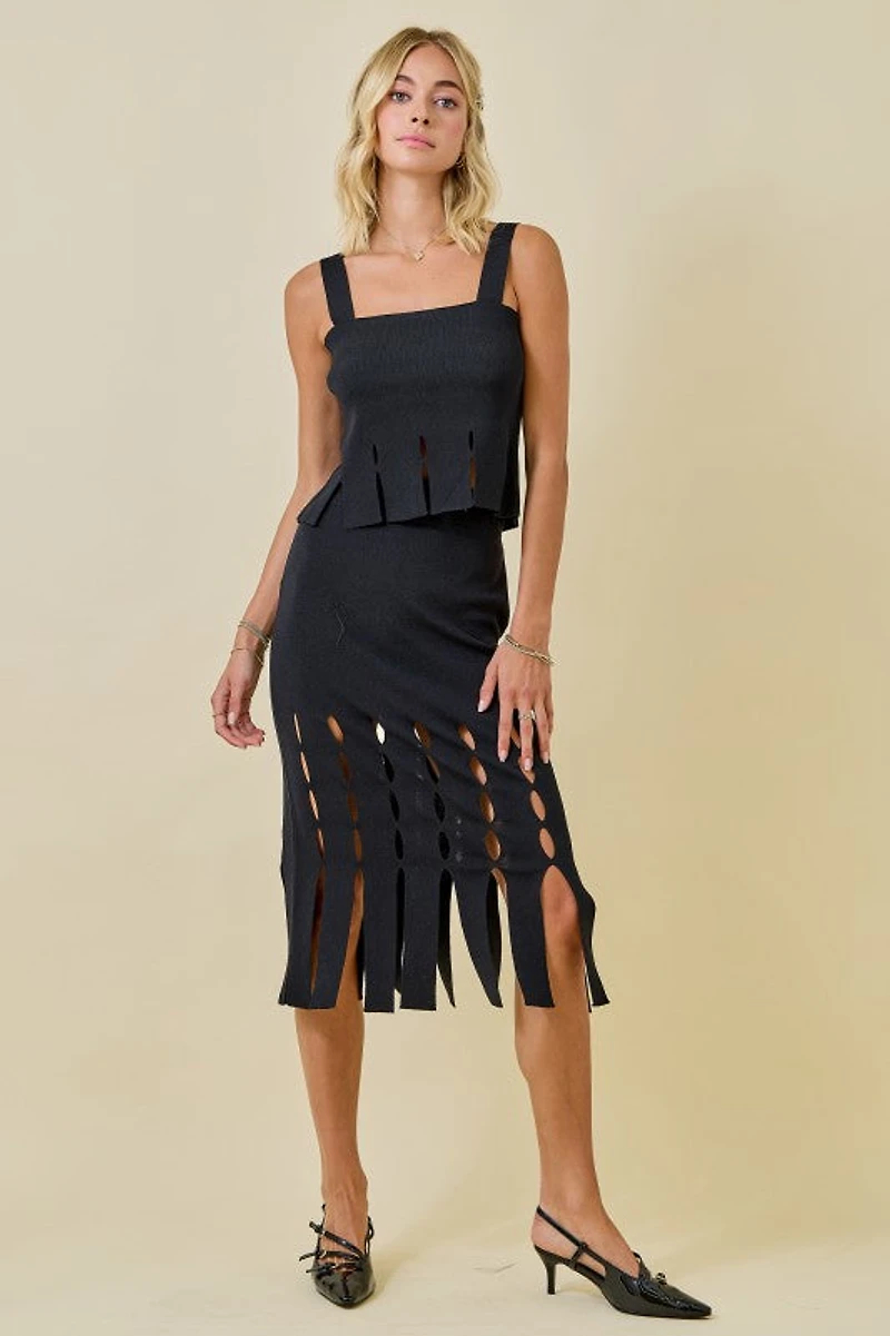 Sweater Midi Skirt With Fringe Hem