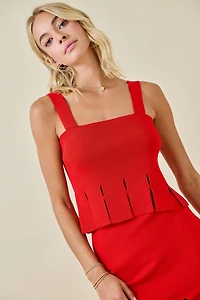 Red Sweater Cropped Tank Top With Fringe Hem