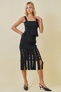 Sweater Midi Skirt With Fringe Hem