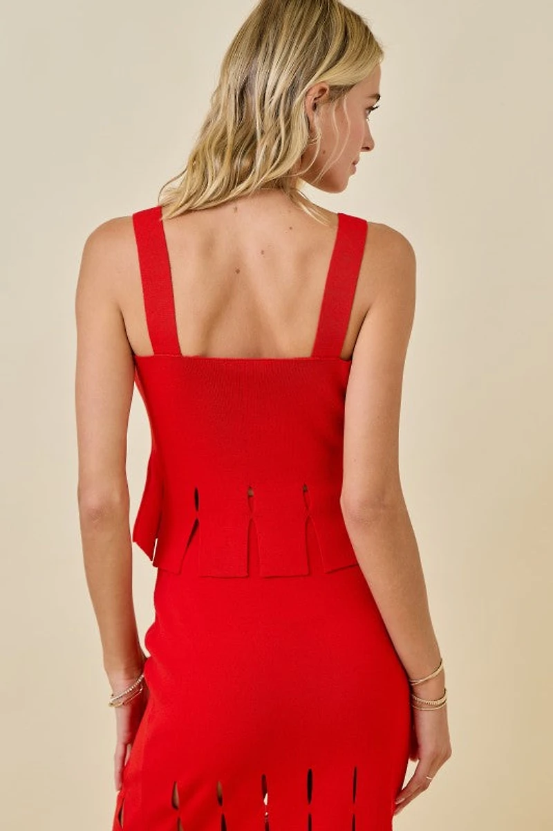 Red Sweater Cropped Tank Top With Fringe Hem