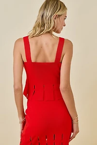 Red Sweater Cropped Tank Top With Fringe Hem