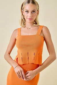 Orange Sweater Cropped Tank Top With Fringe Hem