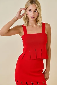 Red Sweater Cropped Tank Top With Fringe Hem