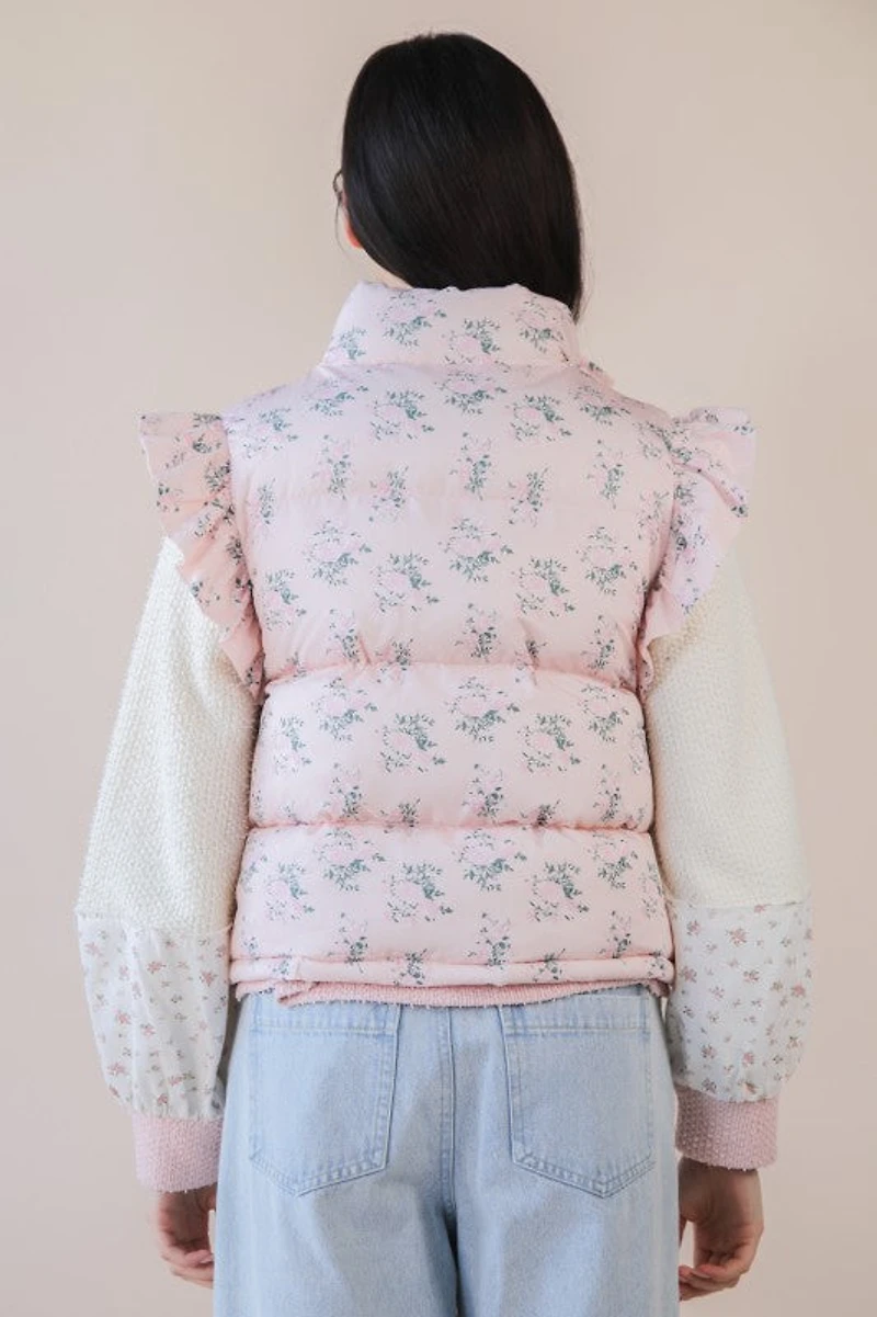 Pink Floral Bow Ruffle Puffer Vest