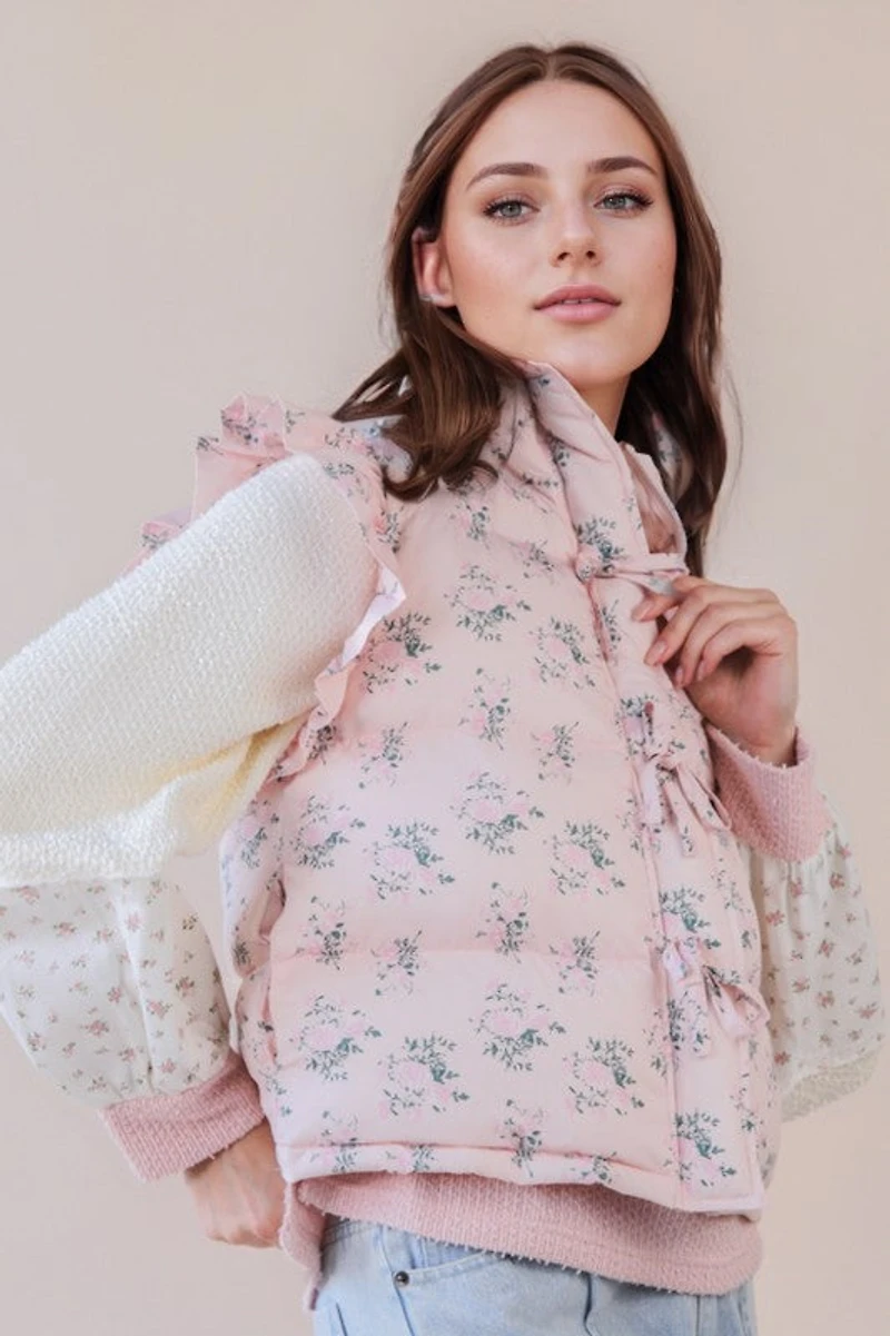 Pink Floral Bow Ruffle Puffer Vest