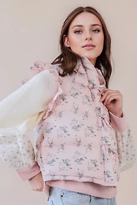 Pink Floral Bow Ruffle Puffer Vest