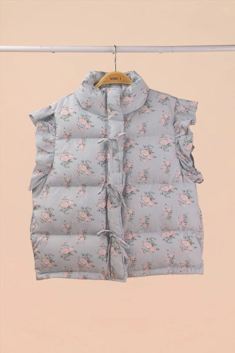 Floral Bow Ruffle Puffer Vest