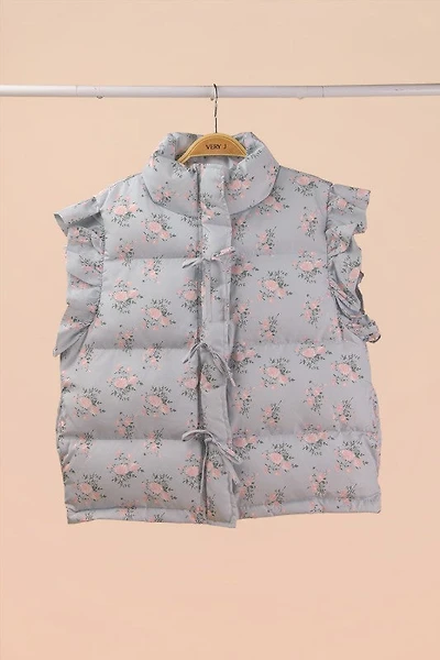 Floral Bow Ruffle Puffer Vest