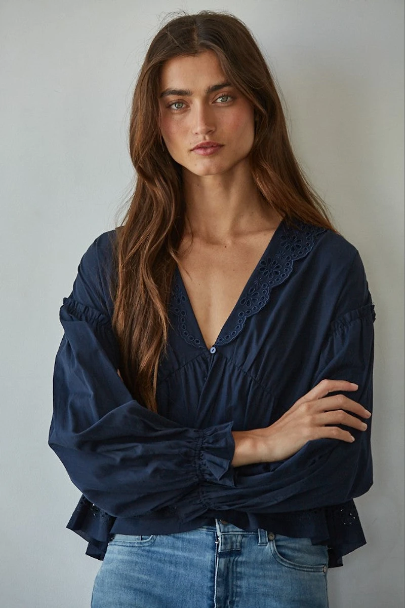 Navy Eyelet Collared Top