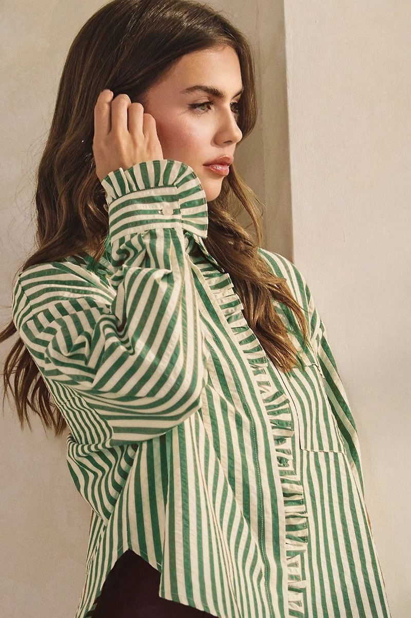 Green Ruffle Button Down Top