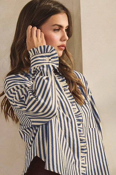 Navy Ruffle Button Down Top