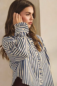 Navy Ruffle Button Down Top