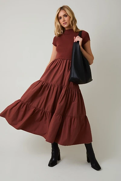 Mock Neck Knit Tiered Midi Dress