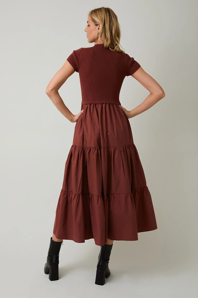 Mock Neck Knit Tiered Midi Dress