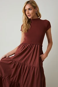 Mock Neck Knit Tiered Midi Dress