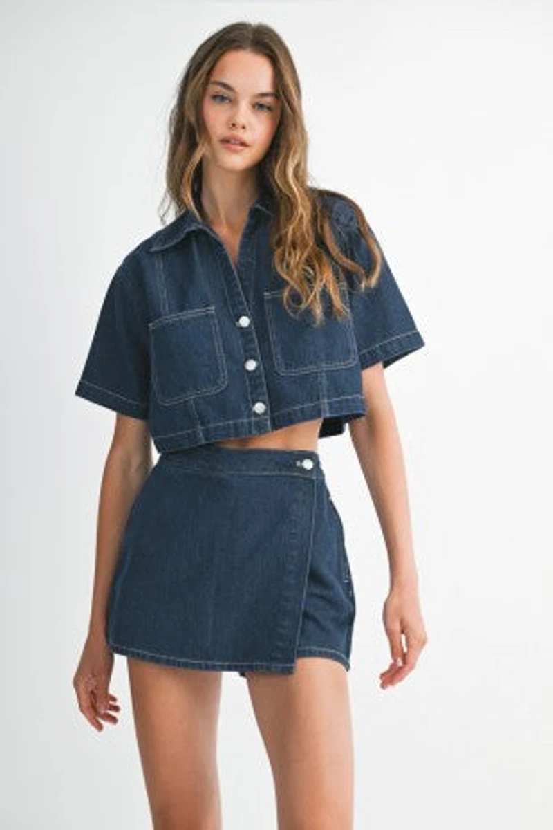 Denim Short Sleeve Shirt And Skort Set